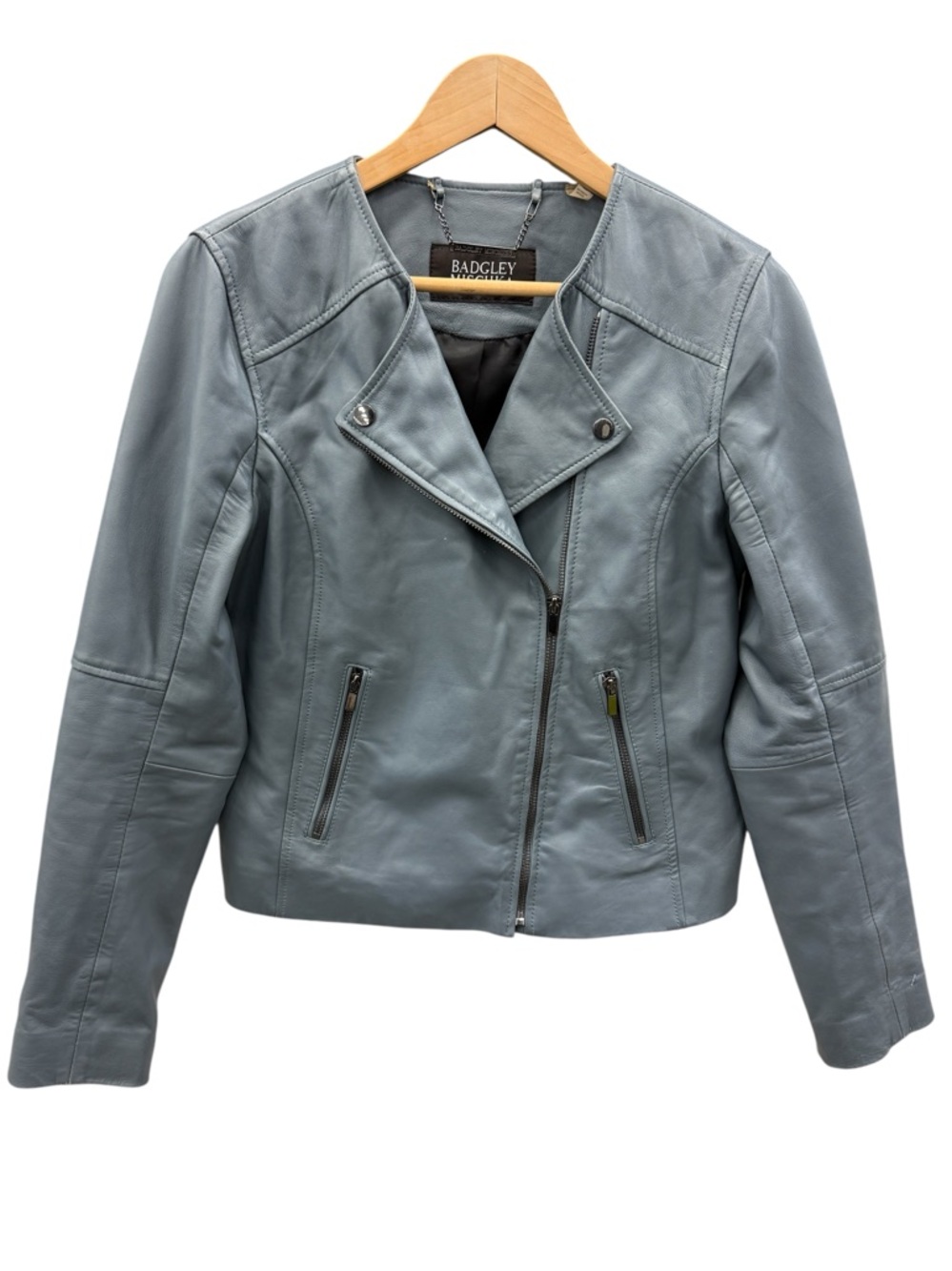 Badgley Mischka Dusty Blue/Grey Leather Zip Up Moto Jacket Women’s Sz M